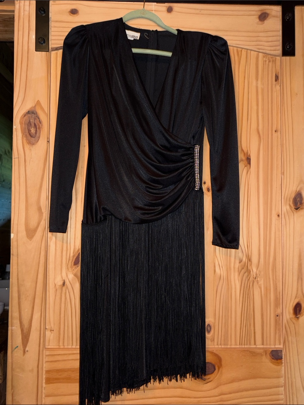 Black Long-Sleeve Fringe Wrap Dress with Rhinestone Side Detail Halloween